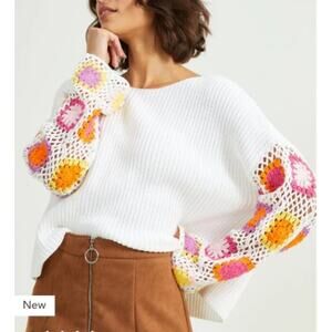 Altar'd State Crochet Granny Square Sleeve Sweater Flowers White Festival S